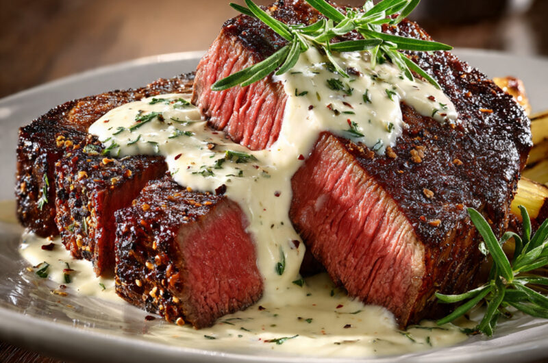Steak with Bourbon Garlic Cream Sauce – Bold, Juicy & Indulgent