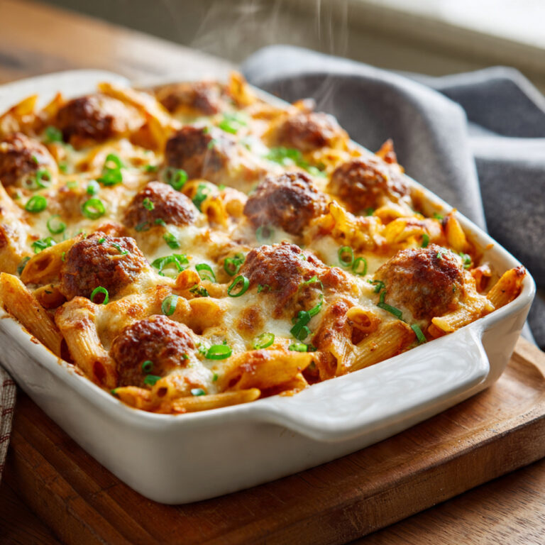 Honey Buffalo Meatball Pasta Bake – Sweet, Spicy & Cheesy