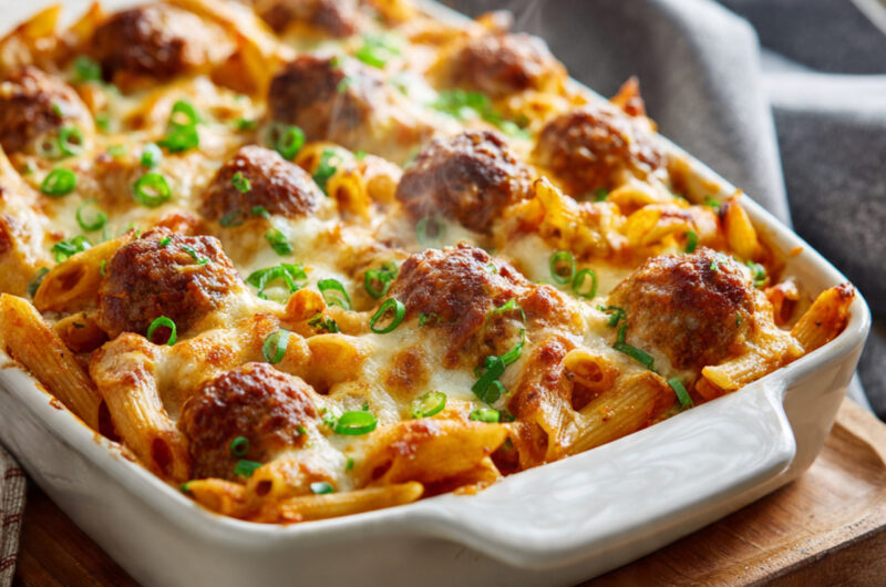 Honey Buffalo Meatball Pasta Bake – Sweet, Spicy & Cheesy