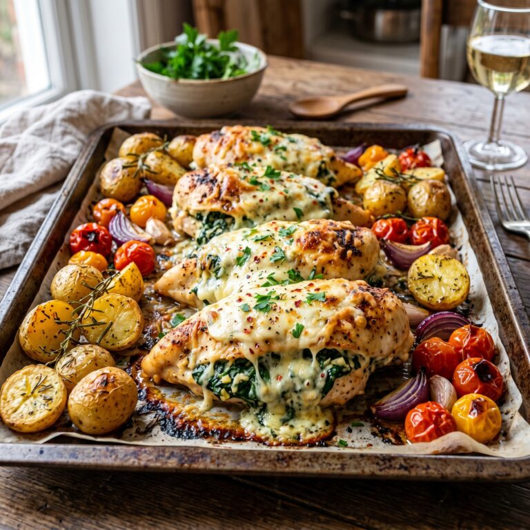 Cheesy Spinach Stuffed Chicken Traybake