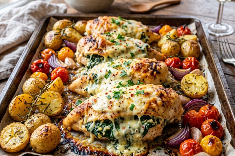 Cheesy Spinach Stuffed Chicken Traybake