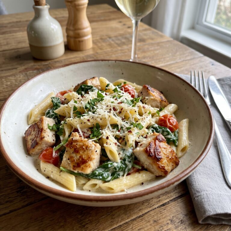 Creamy Garlic Chicken with Spinach Penne Pasta