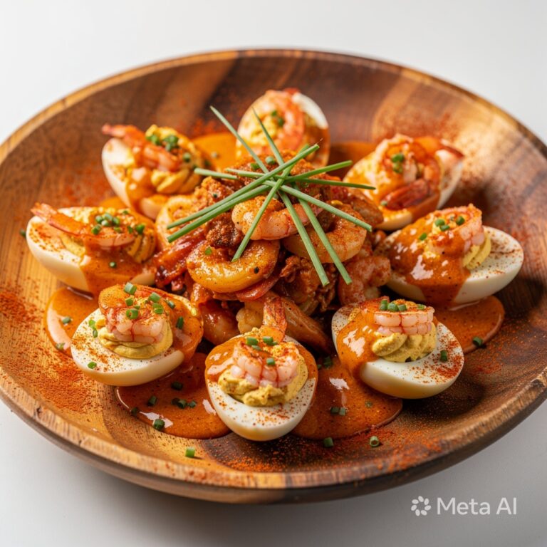 Shrimp deviled eggs with seafood boil butter sauce