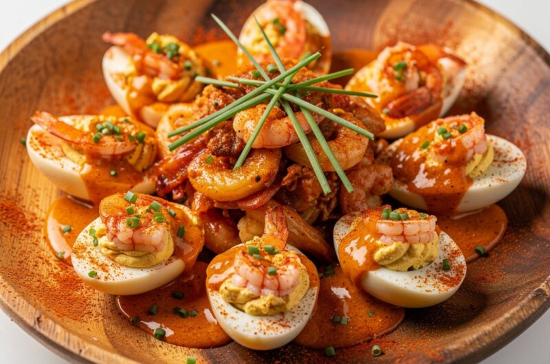 Shrimp deviled eggs with seafood boil butter sauce