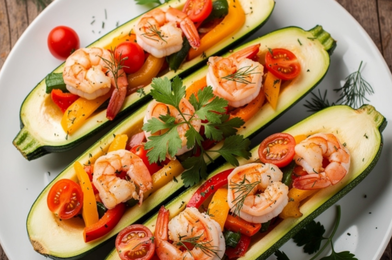 Zucchini Boats Filled with Shrimp and Veggies