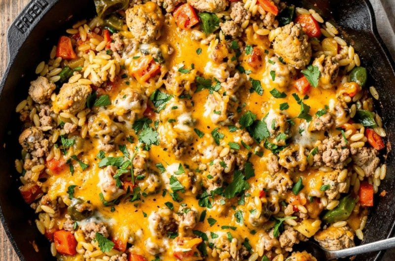 One Pan Cheesy Ground Chicken Orzo
