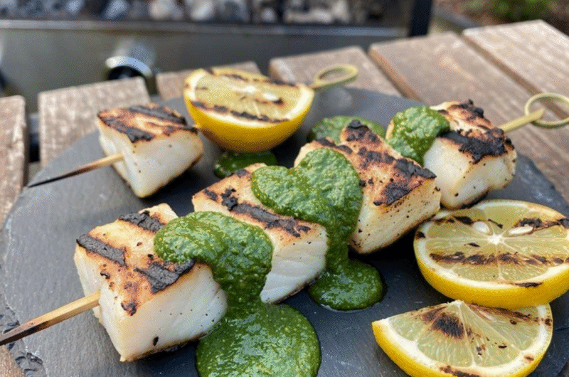 Grilled Fish Skewers with Basil Chimichurri